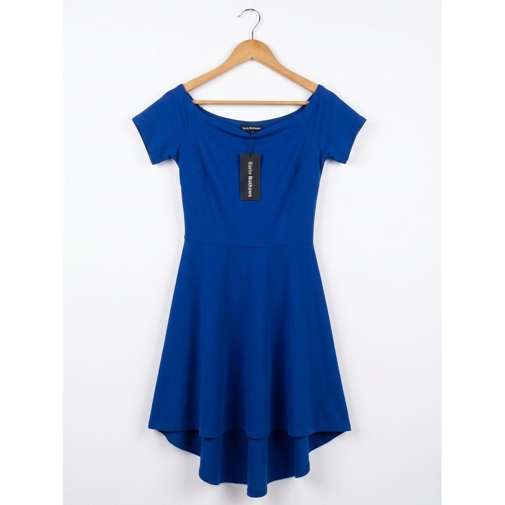 Sarin Mathews Chic Royal Blue Off Shoulder High Low‎ Skater Cocktail Dress S NWT